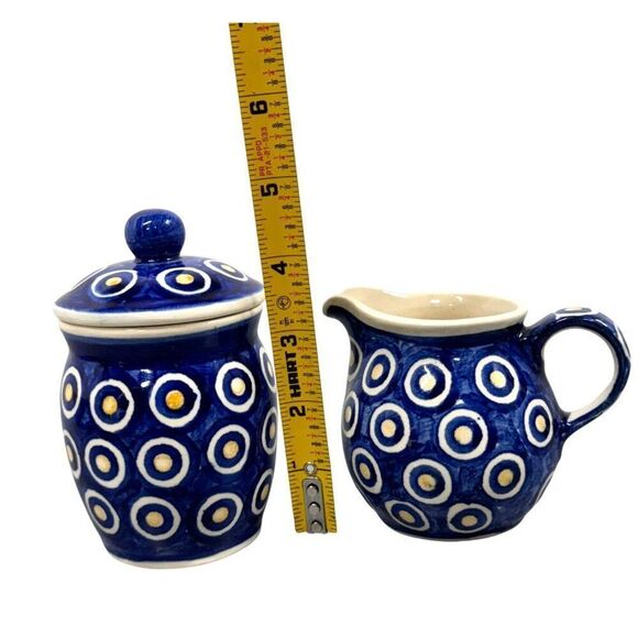 Vintage Gerlach PolkCeramic Polish Pottery Sugar & Creamer Set Blue White Circle - Picture 5 of 5